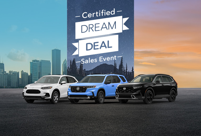 Image of three HondaTrue Certified vehicles in white, blue and black lined up on blacktop against a triptych background of city, mountain and desert views. 
