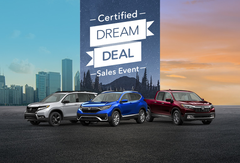 Image of three used Honda vehicles in grey, blue and maroon lined up on blacktop against a triptych background of city, mountain and desert views.